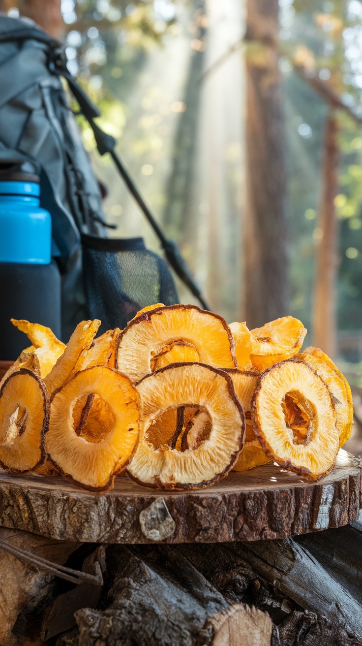 Dehydrated pineapple slices on a wooden board with hiking gear in the background.